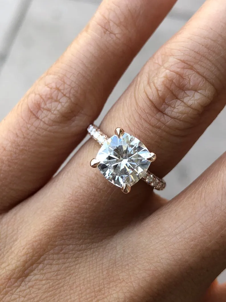 14K Gold Diamond Under Halo with 2 Carat Cushion Cut Forever One Moissanite Engagement Ring