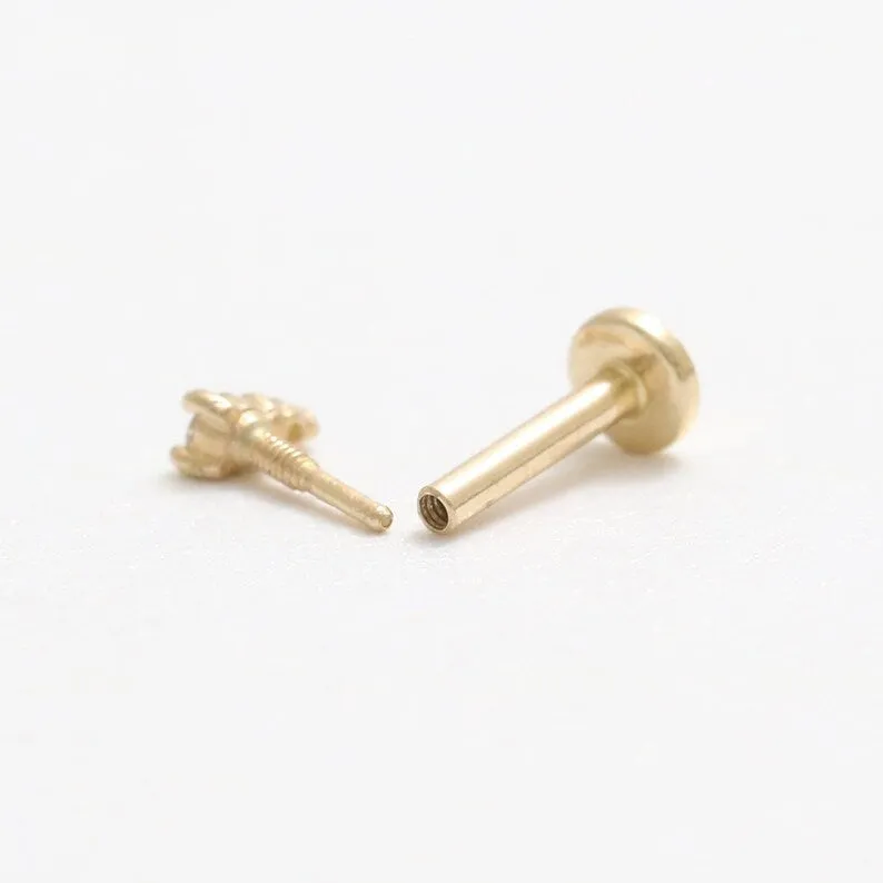 14k Gold Minimal Cz or Genuine Diamond Cartilage Tragus Triangle Internally Internal Threaded Labret For Women Girls Men