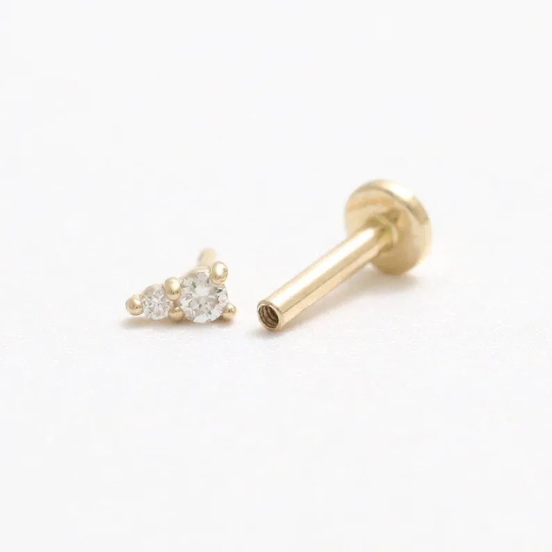 14k Gold Minimal Cz or Genuine Diamond Cartilage Tragus Triangle Internally Internal Threaded Labret For Women Girls Men