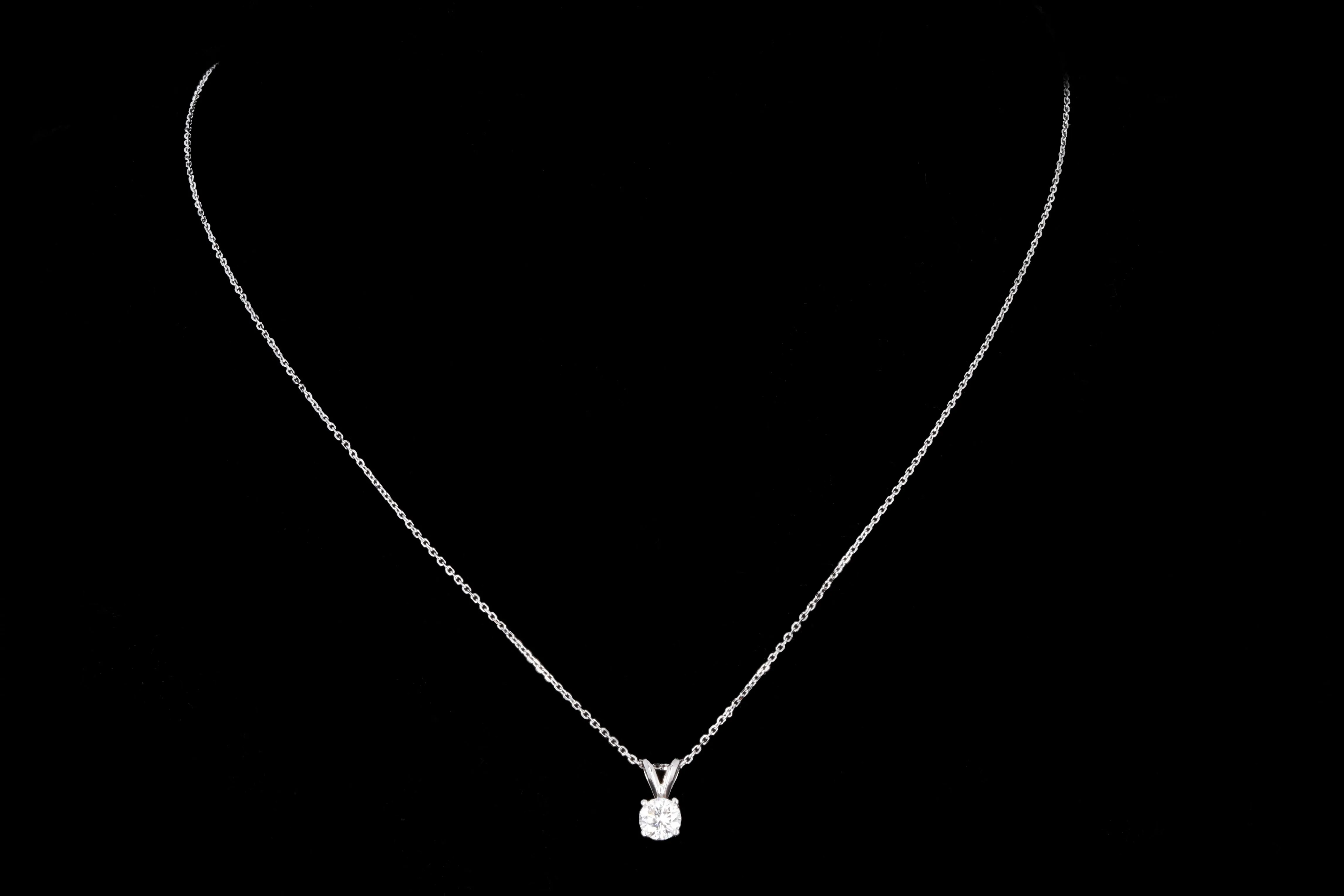 14K White Gold 0.66 Carat Round Brilliant Diamond Solitaire Pendant Necklace