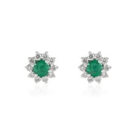 18K Gold Halo Diamond Emerald Stud Earrings