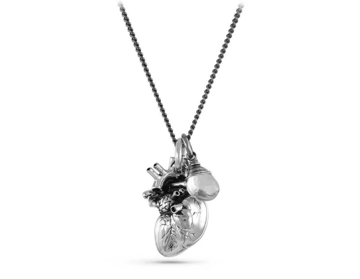 Anatomical Heart Necklace with Quartz - Silver