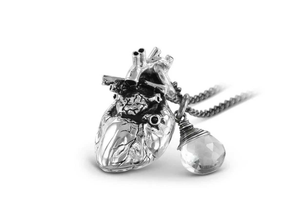 Anatomical Heart Necklace with Quartz - Silver