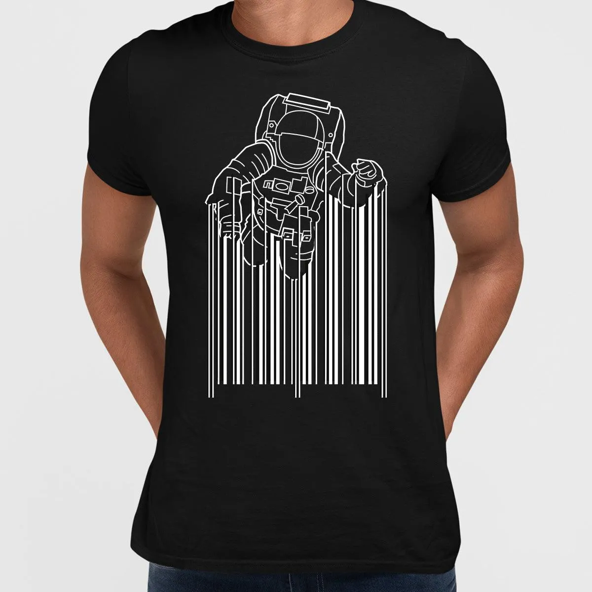 Astronaut with barcode T-Shirt Black & White t-shirt design