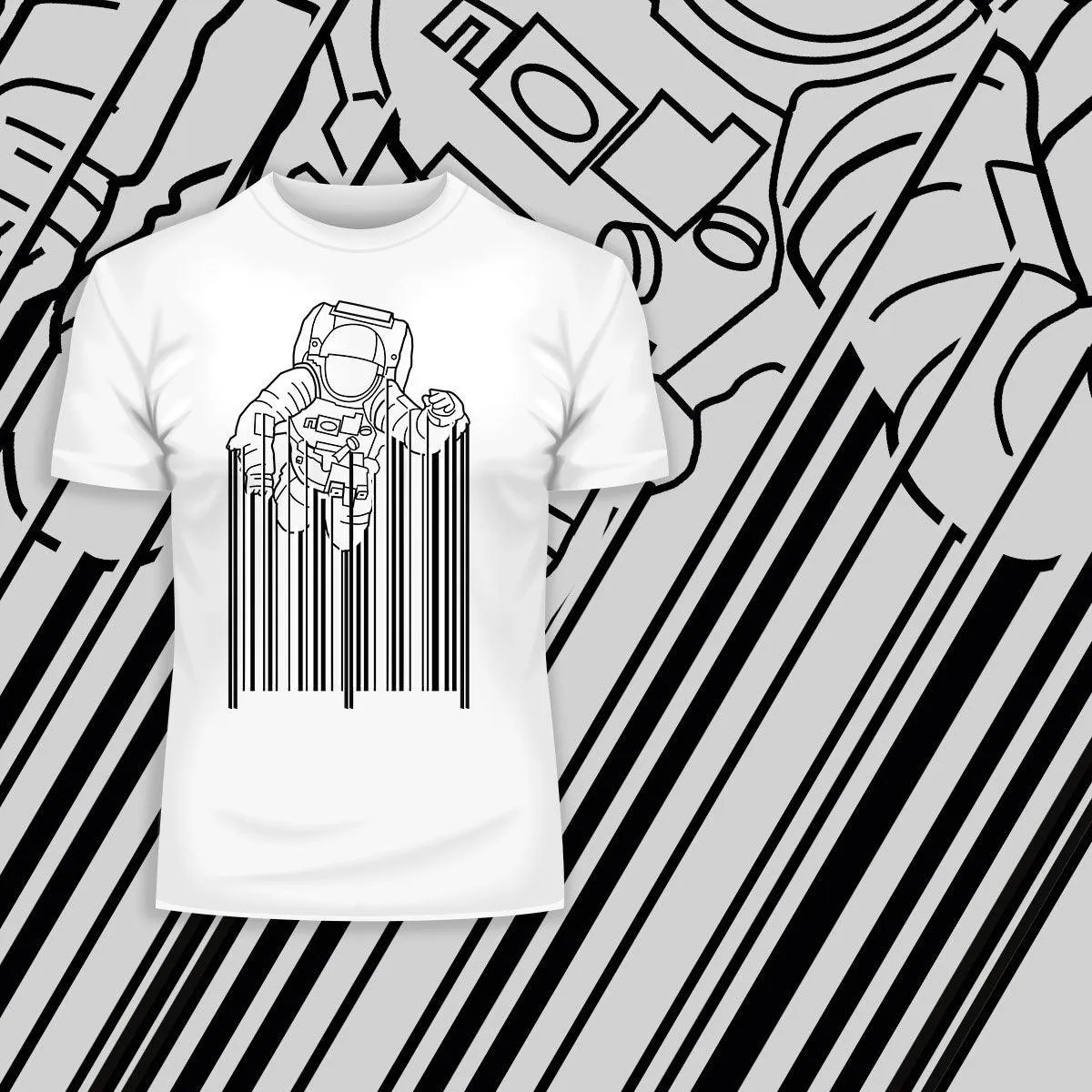 Astronaut with barcode T-Shirt Black & White t-shirt design