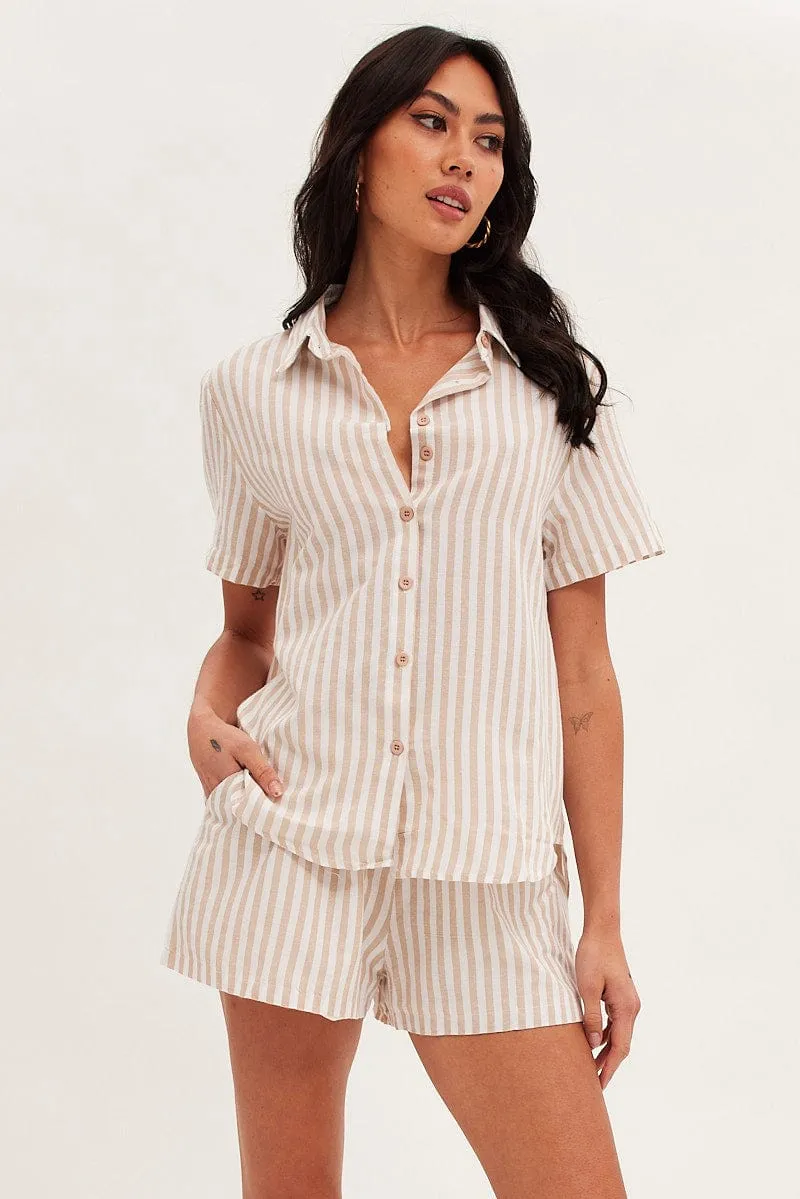 Beige Stripe Oversized Shirt Short Sleeve Collared Button Up