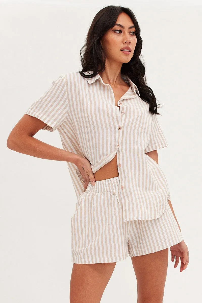 Beige Stripe Oversized Shirt Short Sleeve Collared Button Up