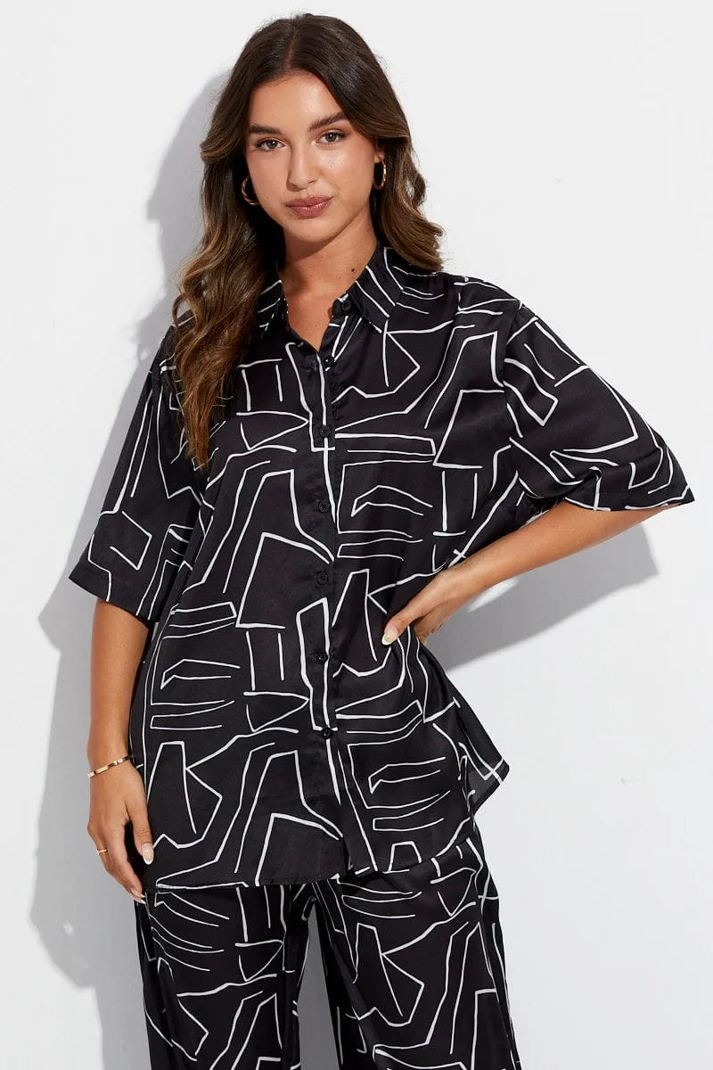 Black Abstract Relaxed Fit Shirt Short Sleeve Collared Longline