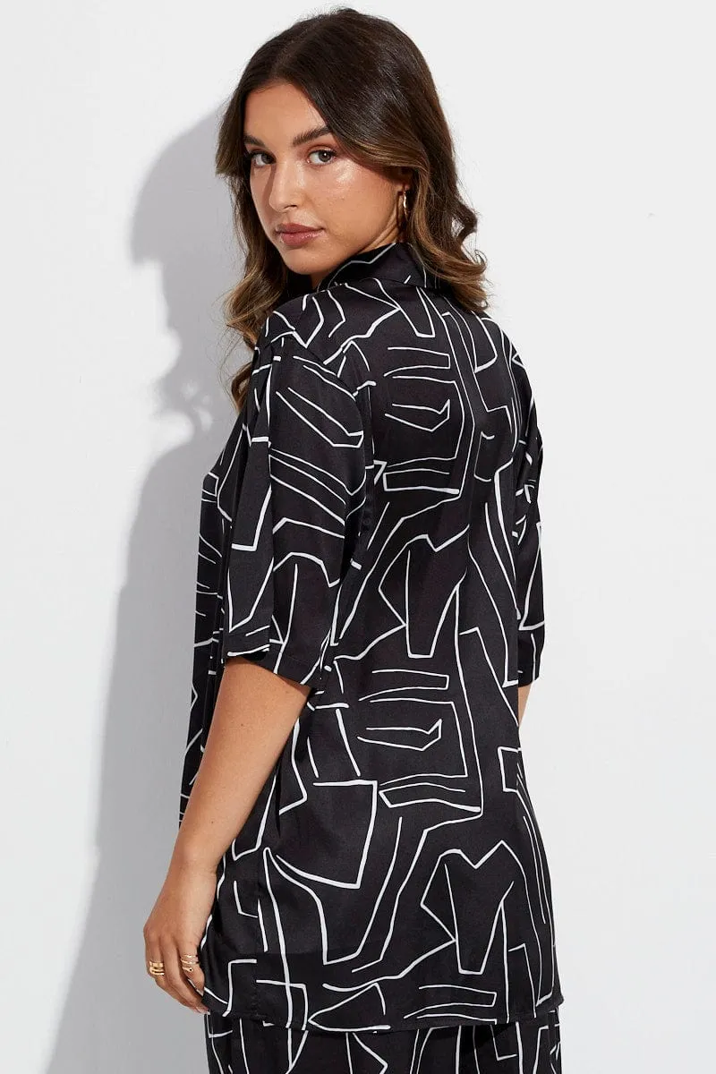 Black Abstract Relaxed Fit Shirt Short Sleeve Collared Longline