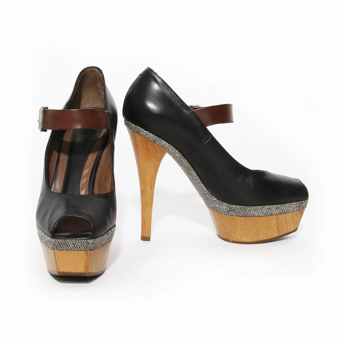 Black Leather and Wood Platform Mary Jane Heel 36.5