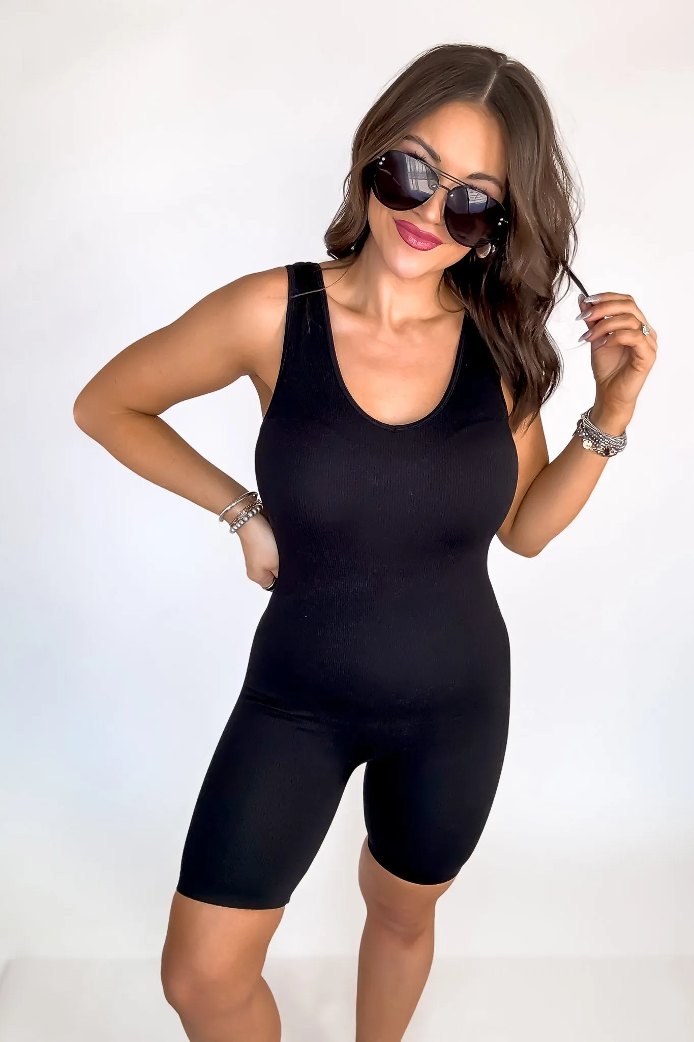 Black Ribbed Seamless Sports Romper