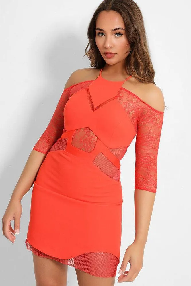 Coral Sheer Mesh Details Bodycon Dress