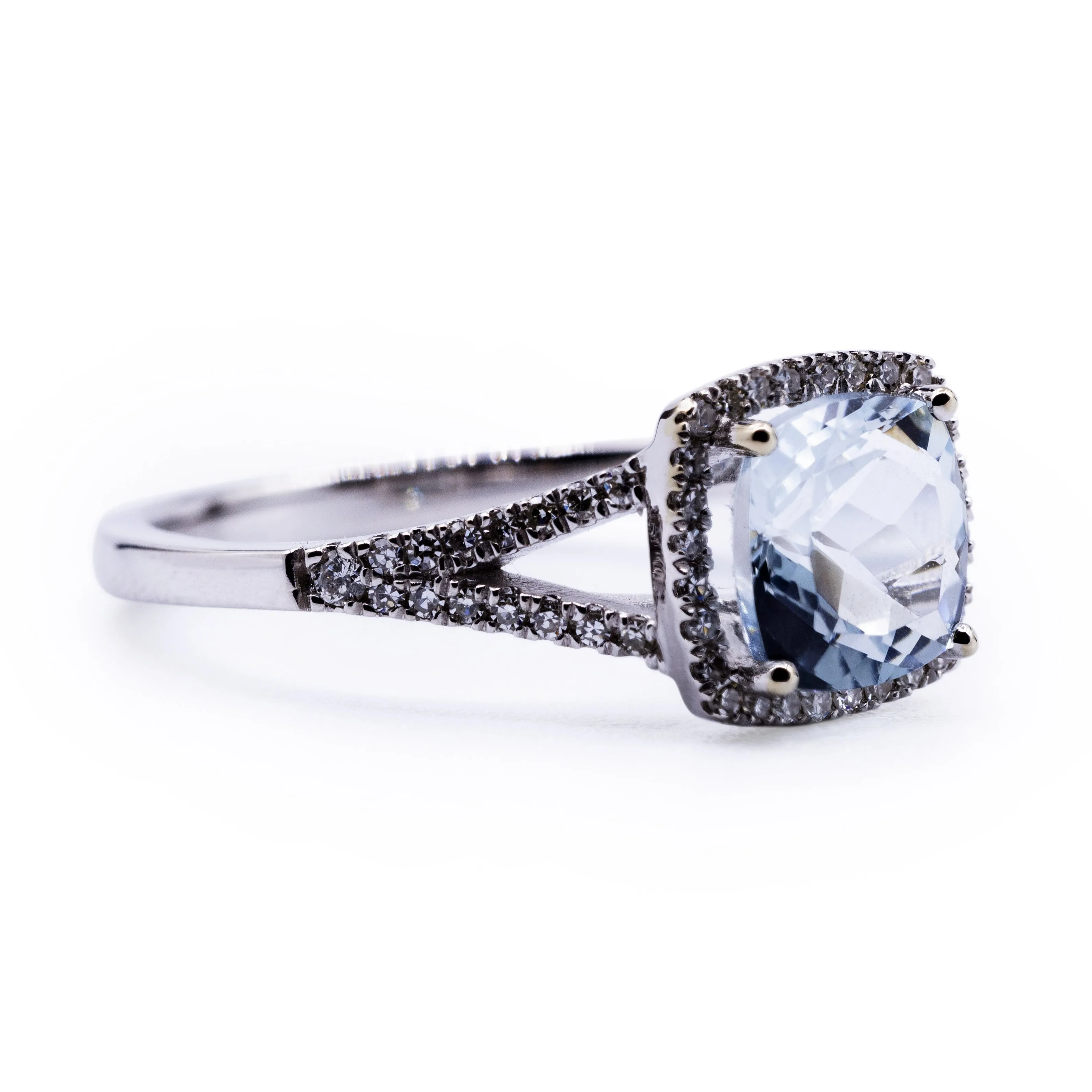 Cushion Natural Aquamarine Setting with Diamond Accented Halo and Split Shank Ring