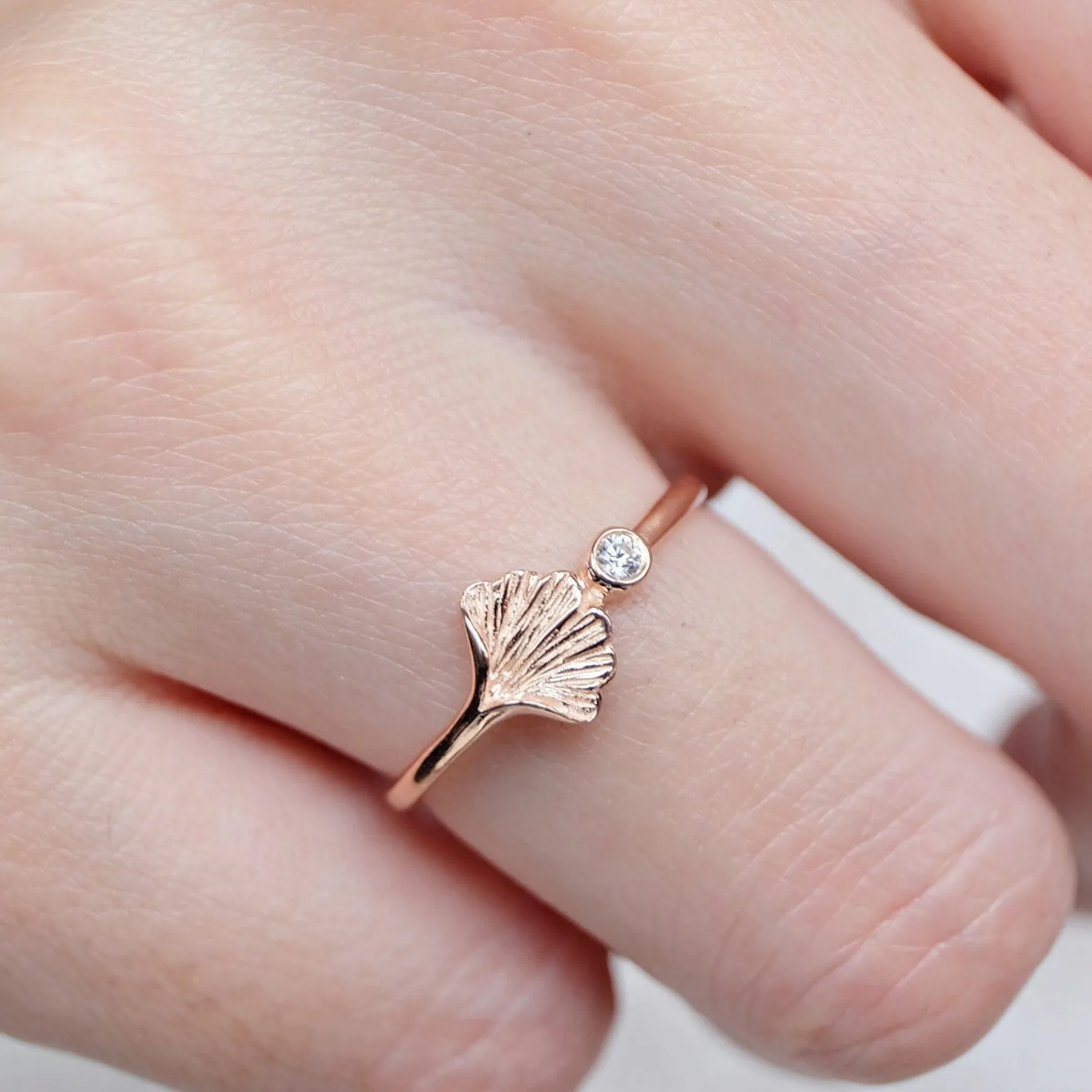 Diamond Ginkgo Leaf Solitaire Ring Rona