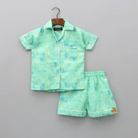 Dusty Green Car Printed Sleepwear