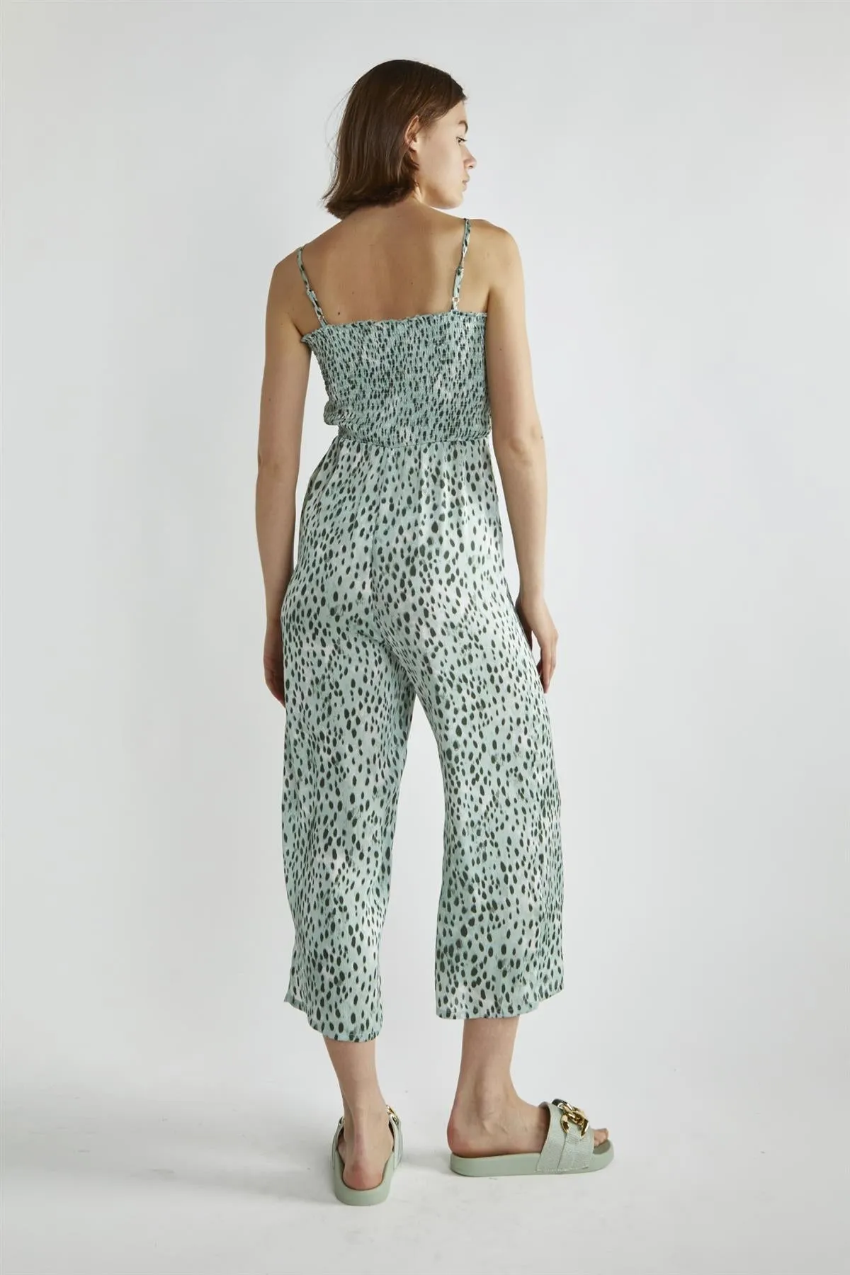 Dusty-Green Leopard Wide-Leg Cropped-Jumpsuit