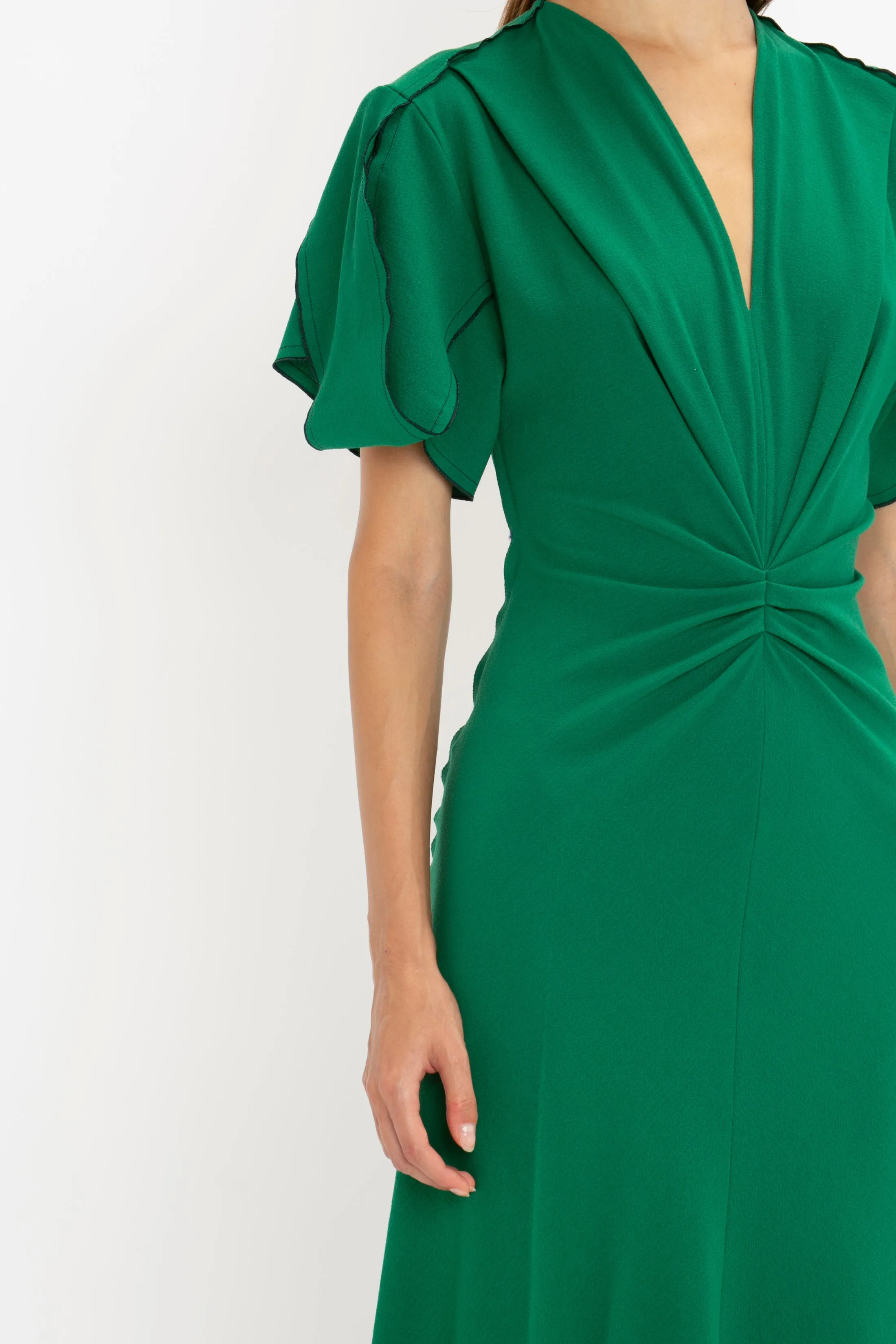 Gathered V-Neck Midi Dress in Emerald