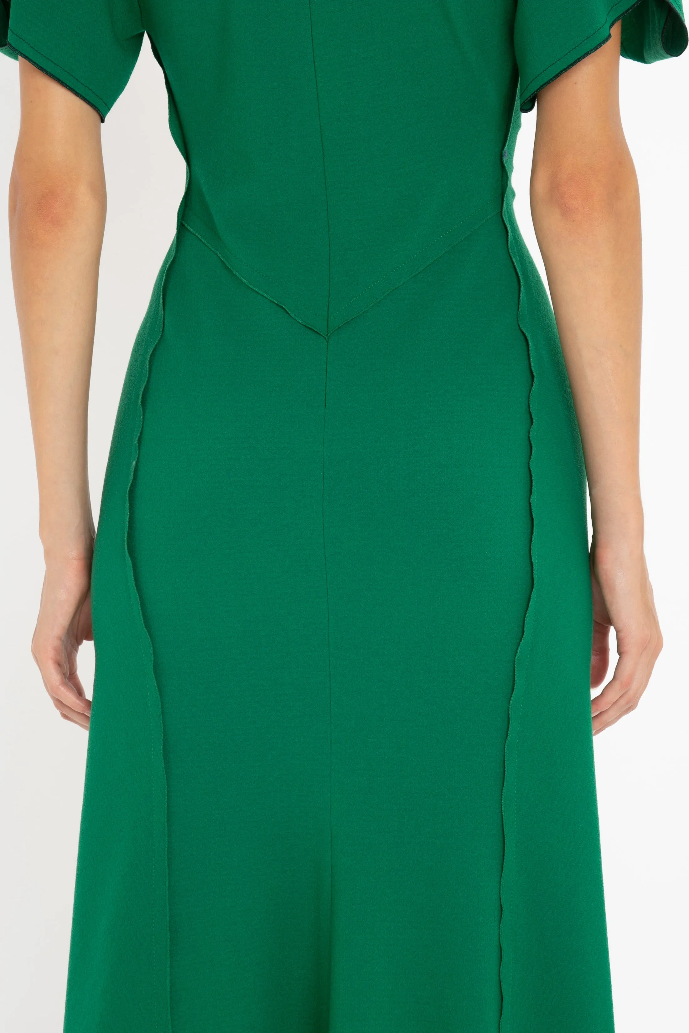 Gathered V-Neck Midi Dress in Emerald