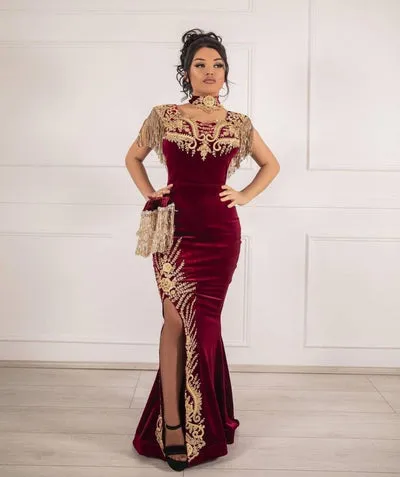 GOLD APPLIQUES EVENING GOWN WITH FRONT SPLIT ROM DRESS SAS64