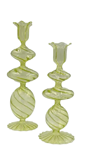 Green Swirl Glass Candlestick - (two sizes)