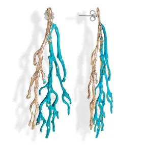 Handmade Bronze Turquoise Sparkling Long Coral Drop Earrings