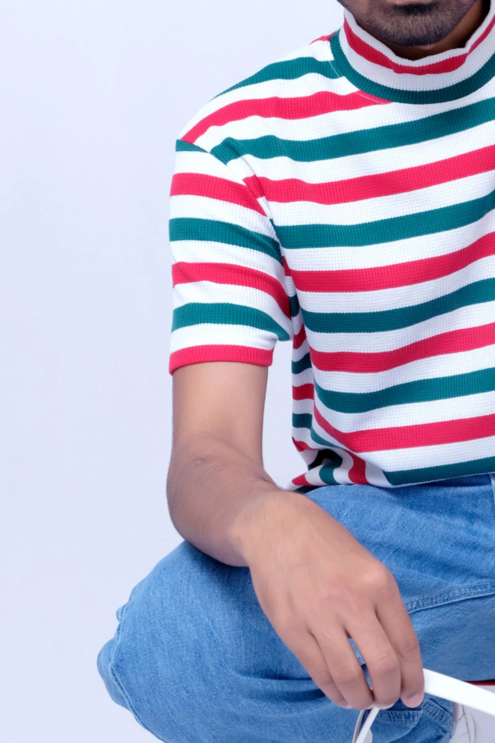 High Neck  Stripes  T-Shirt