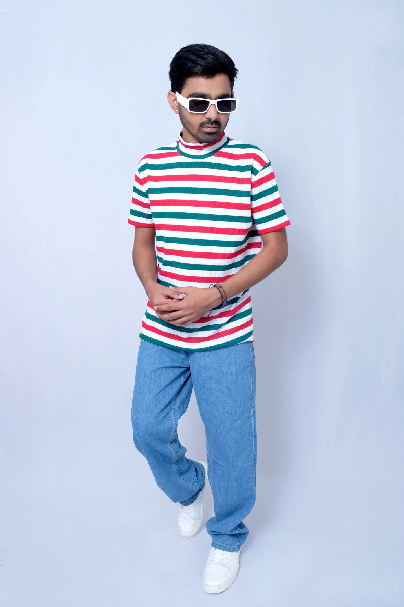 High Neck  Stripes  T-Shirt