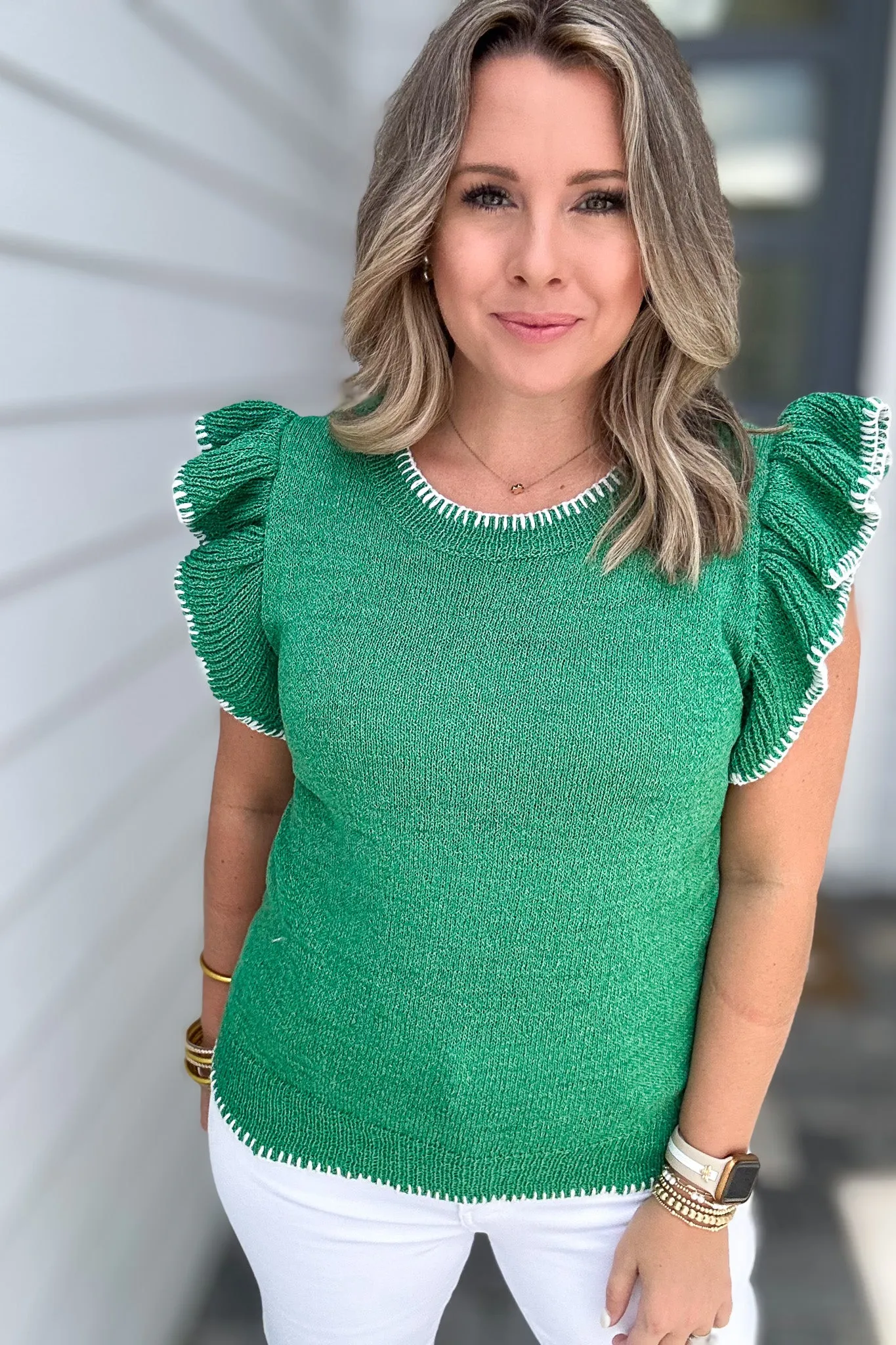 I Can See Ruffle Shoulder Sweater Top - Kelly Green