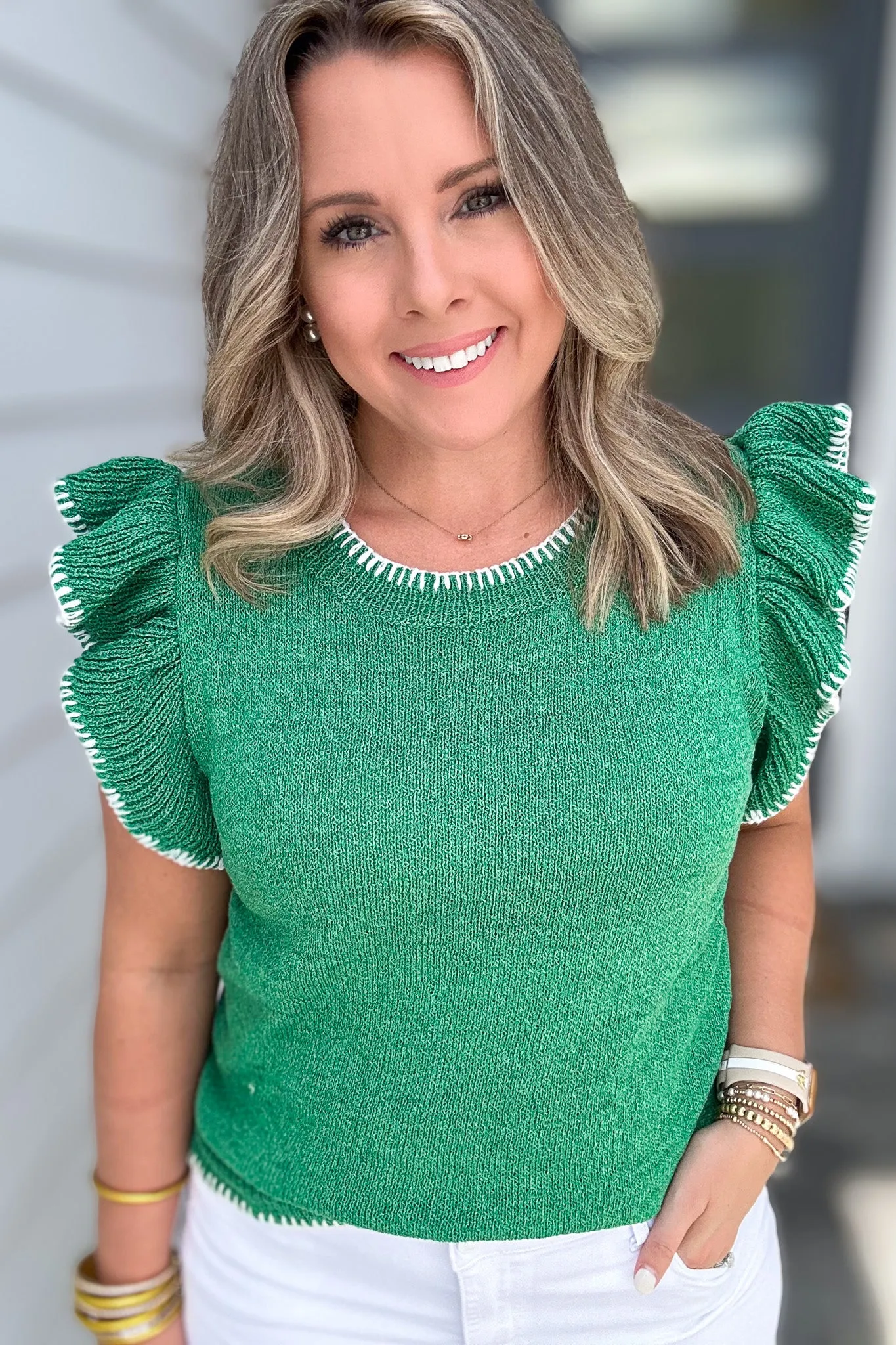 I Can See Ruffle Shoulder Sweater Top - Kelly Green