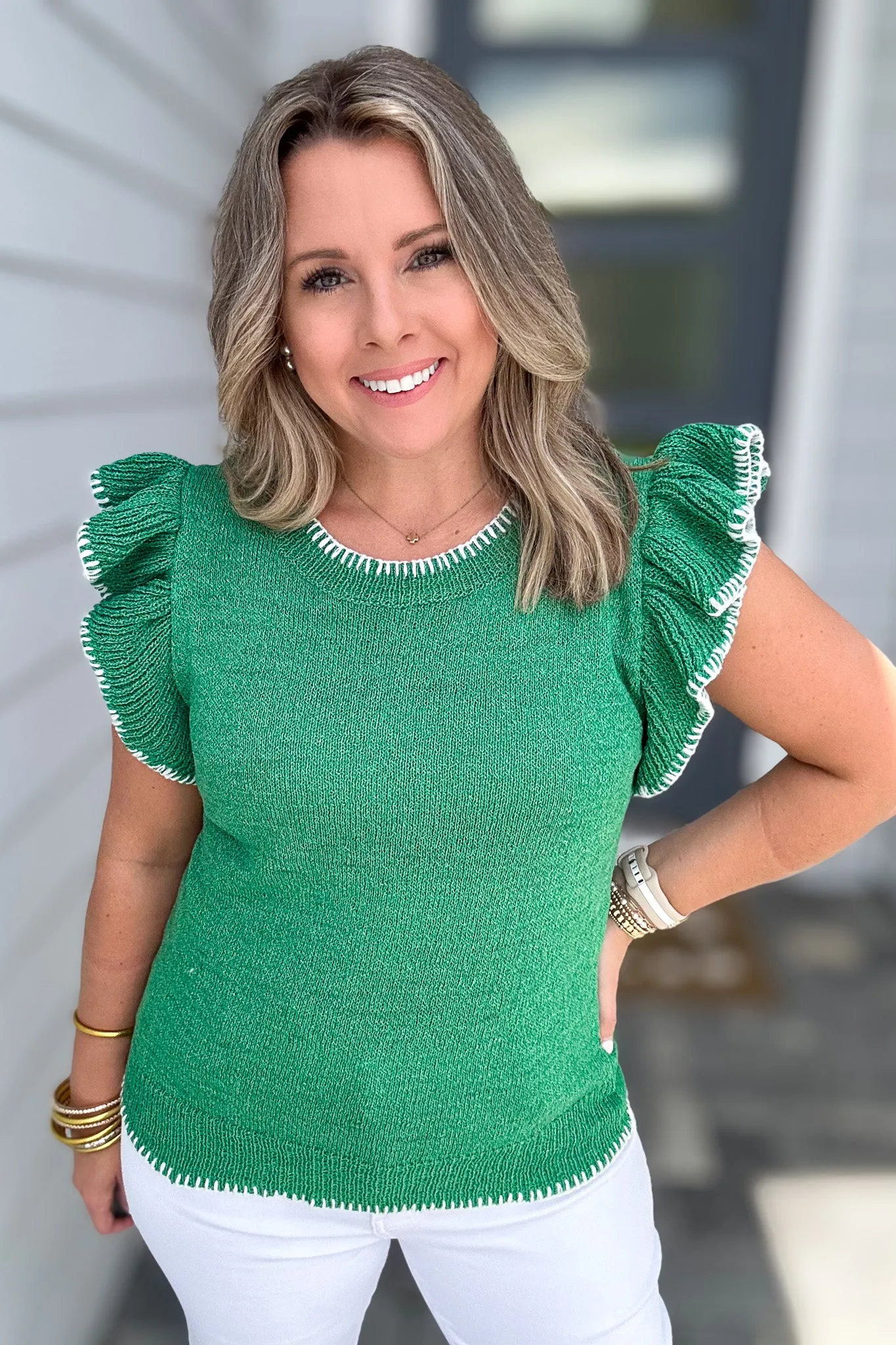 I Can See Ruffle Shoulder Sweater Top - Kelly Green