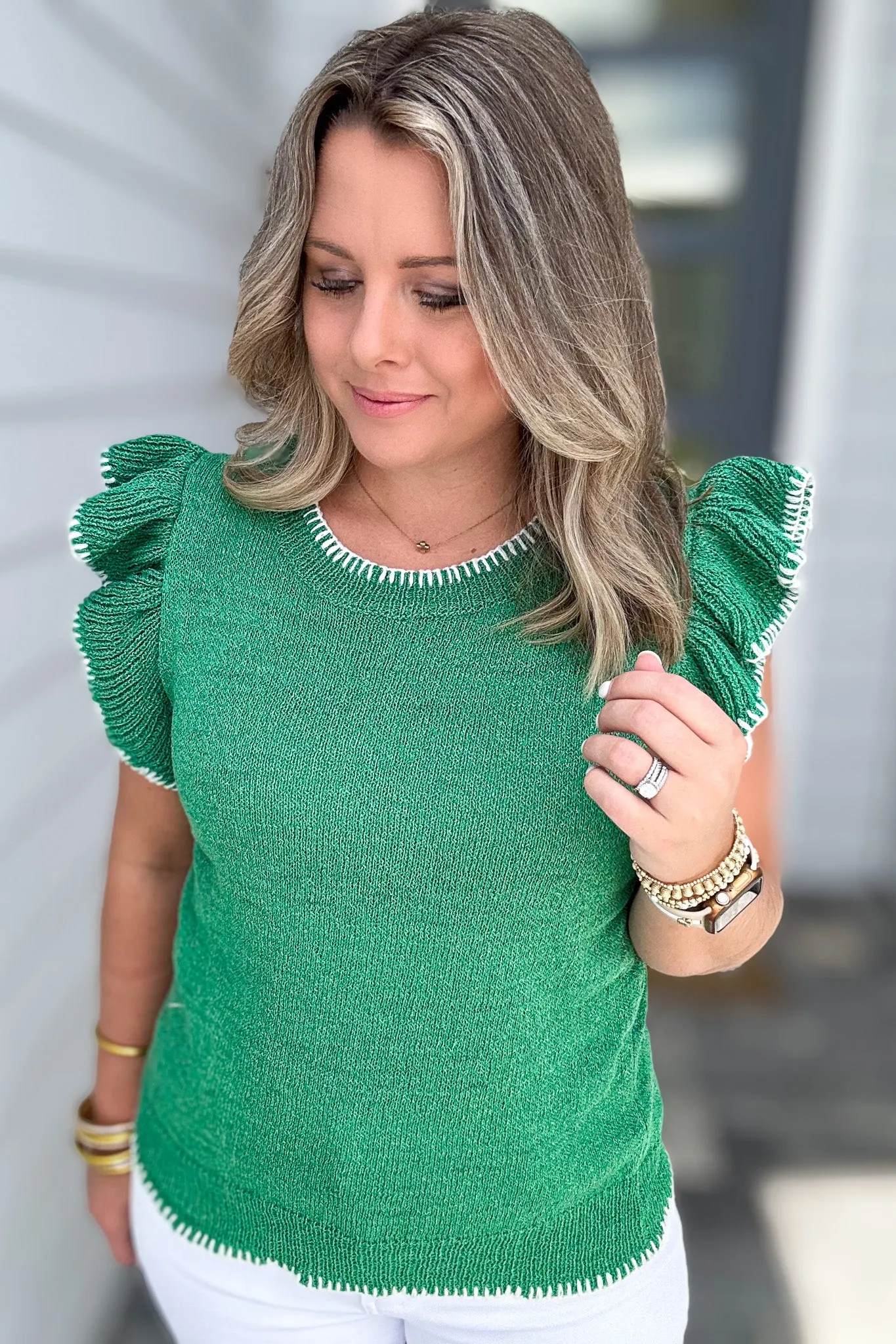 I Can See Ruffle Shoulder Sweater Top - Kelly Green