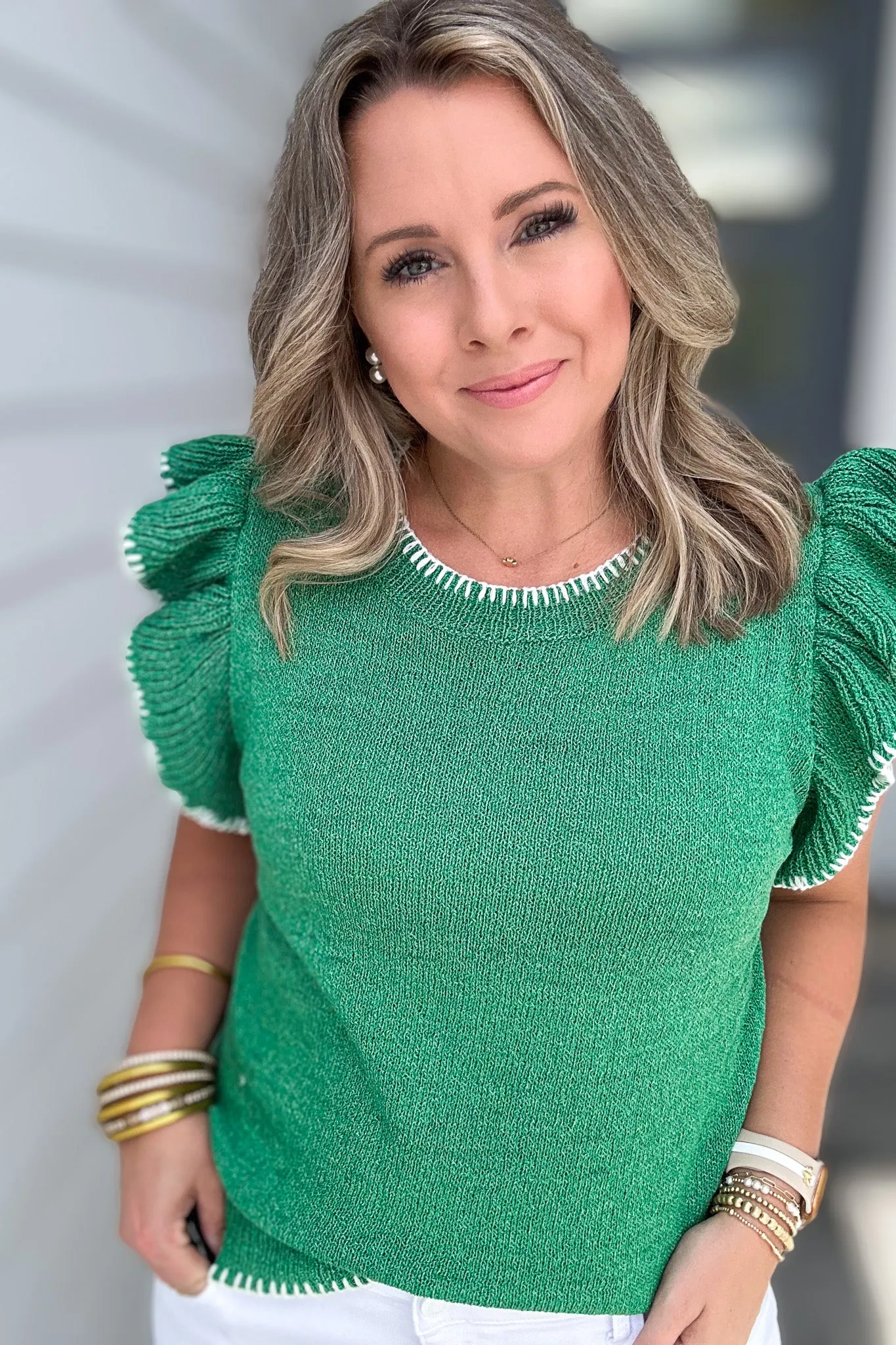 I Can See Ruffle Shoulder Sweater Top - Kelly Green