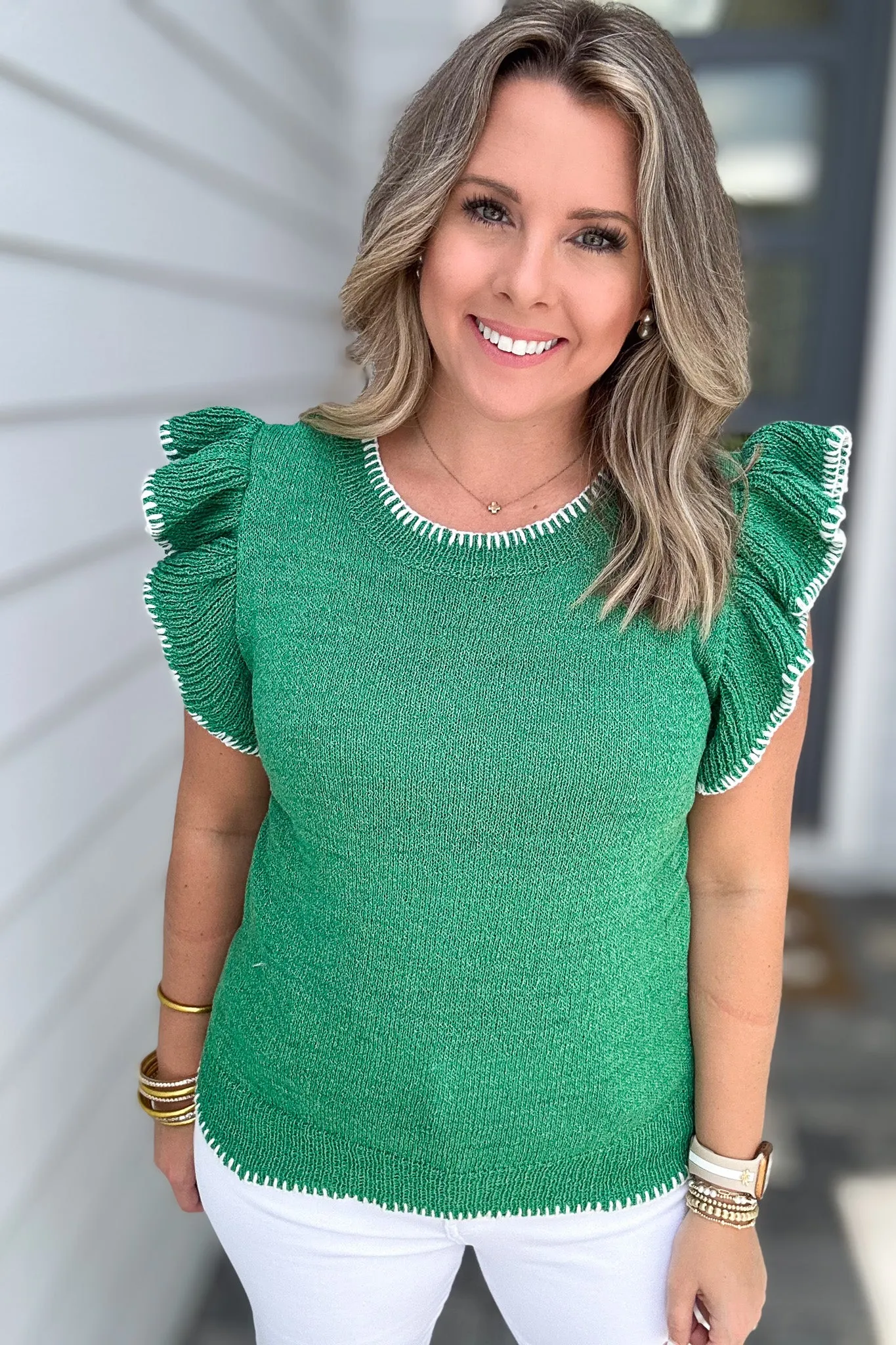 I Can See Ruffle Shoulder Sweater Top - Kelly Green