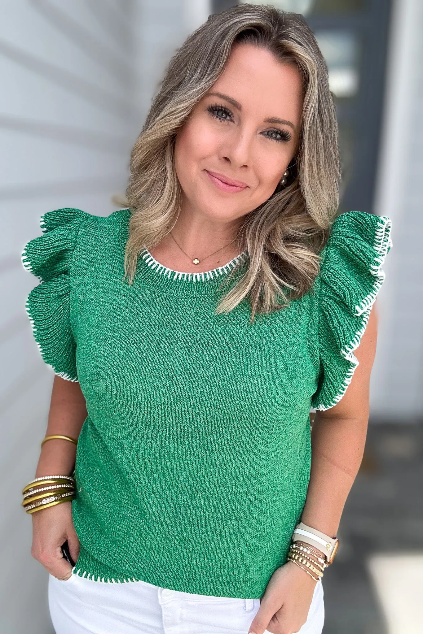 I Can See Ruffle Shoulder Sweater Top - Kelly Green