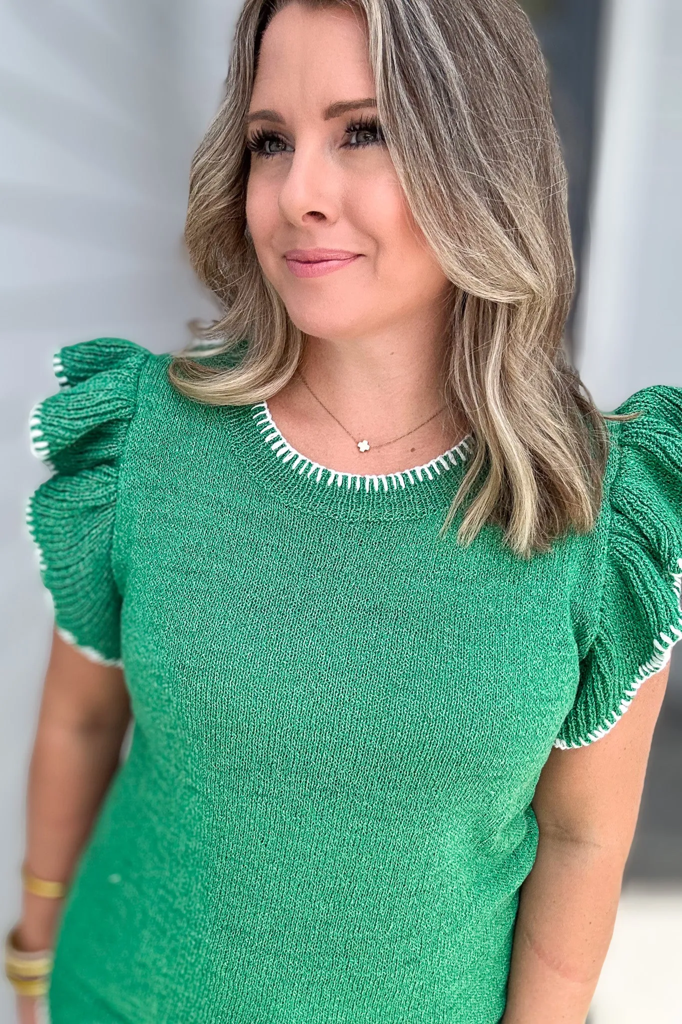 I Can See Ruffle Shoulder Sweater Top - Kelly Green