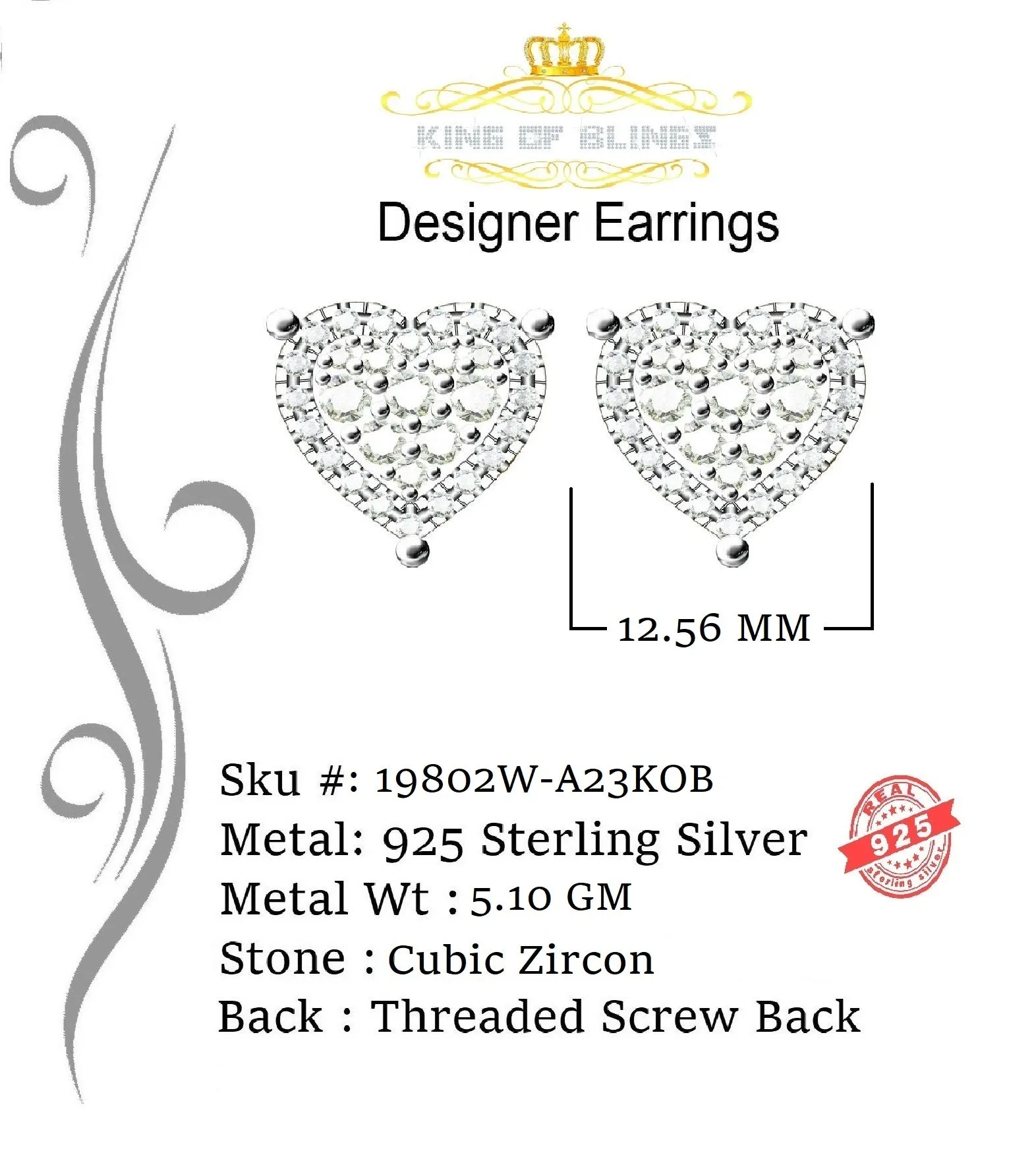 King of Blings- Aretes Para Hombre 925 White Silver 2.68ct Cubic Zirconia Heart Women's Earring