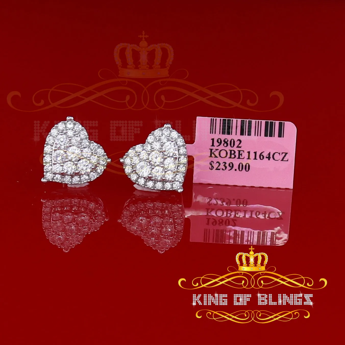 King of Blings- Aretes Para Hombre 925 White Silver 2.68ct Cubic Zirconia Heart Women's Earring