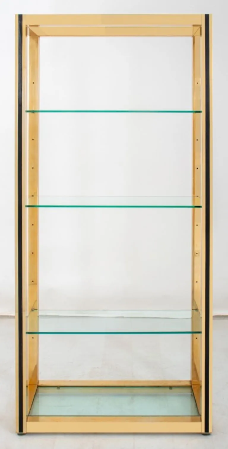 Modern Leather Mounted Brass & Glass Etagere