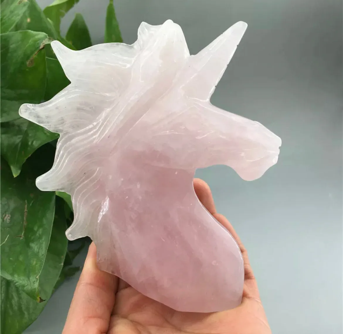 Natural pink Rose Quartz gemstone Hand Carved unicorn