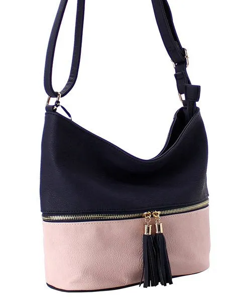 Navy and pink double tassels zipper Monogrammed Cross body