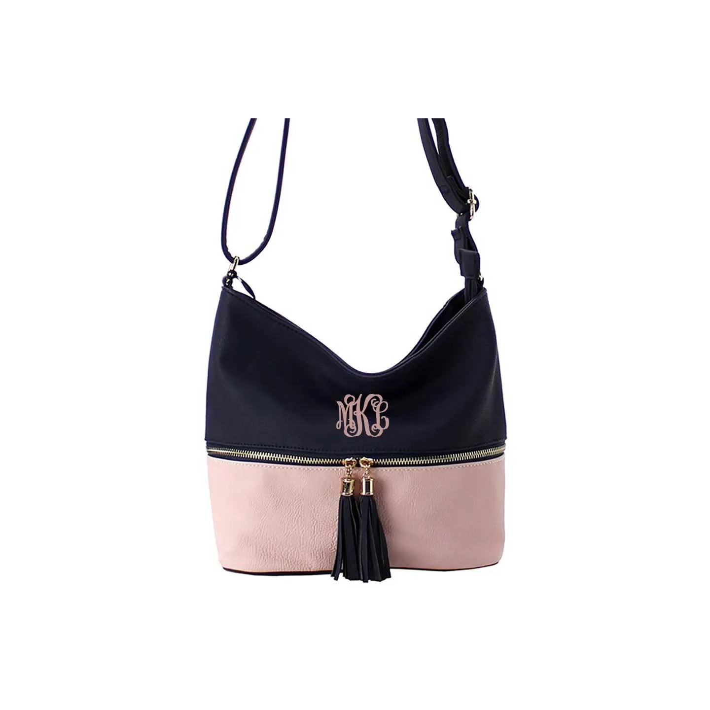 Navy and pink double tassels zipper Monogrammed Cross body