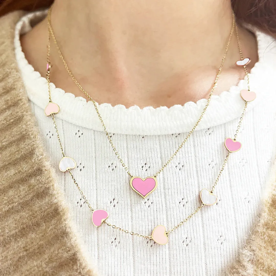 Pink Mixed Heart Station Necklace