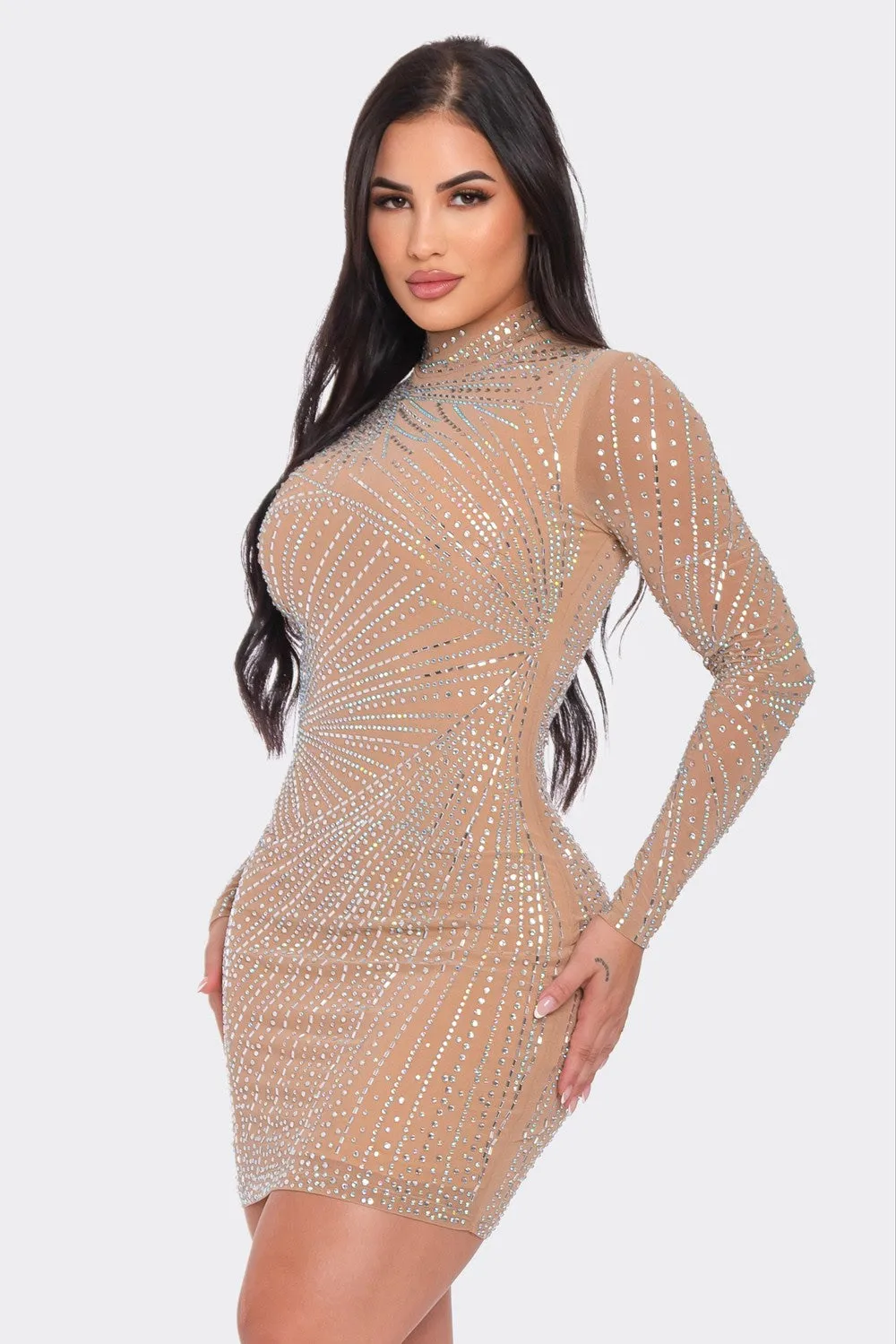 RHINESTONE MESH MOCK NECK BODYCON DRESS