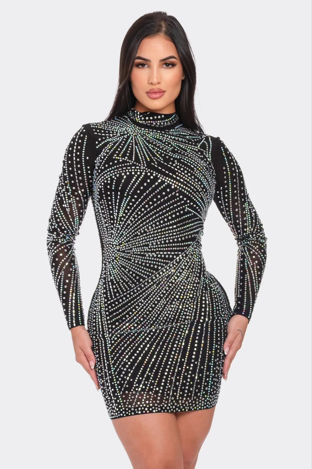 RHINESTONE MESH MOCK NECK BODYCON DRESS