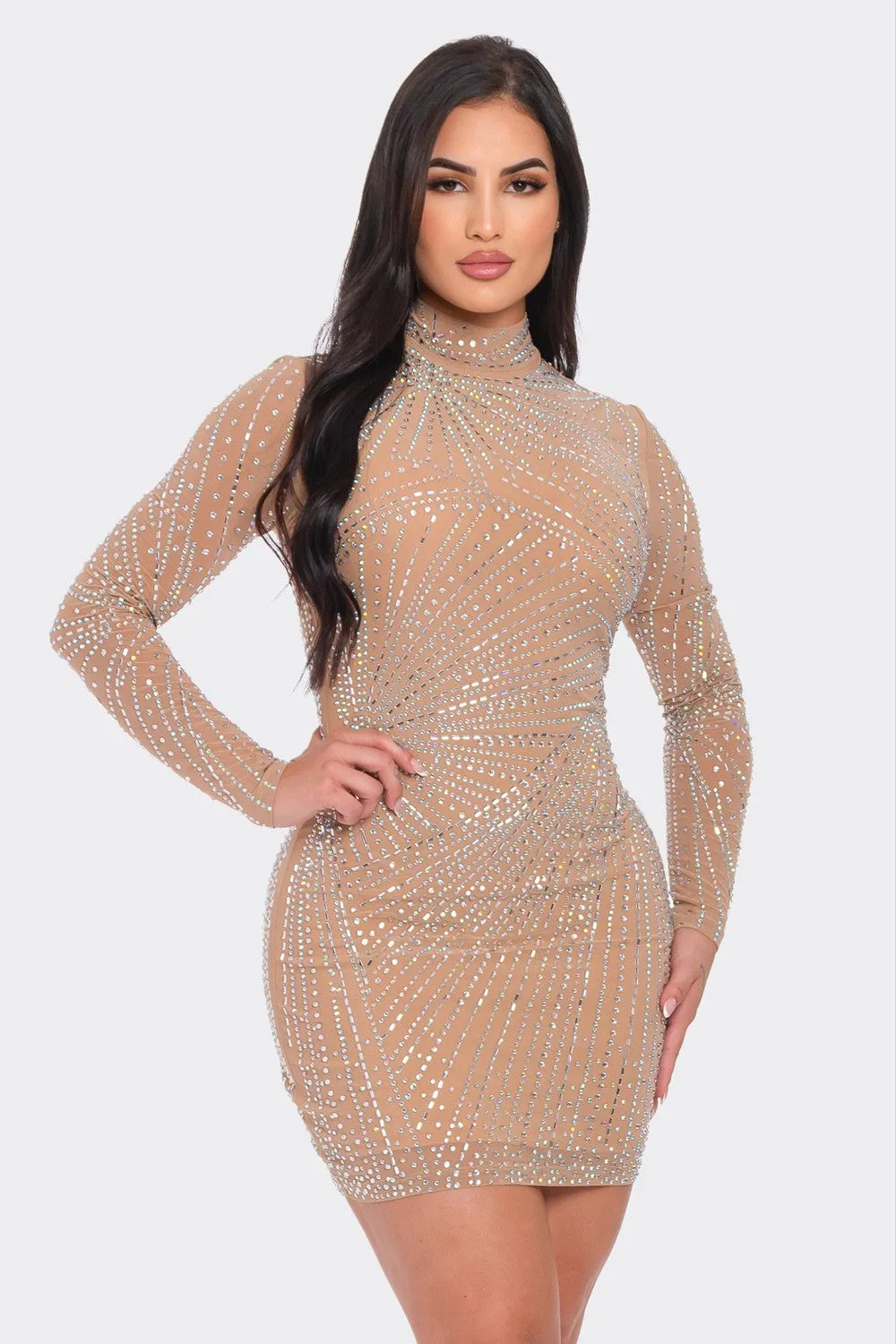 RHINESTONE MESH MOCK NECK BODYCON DRESS