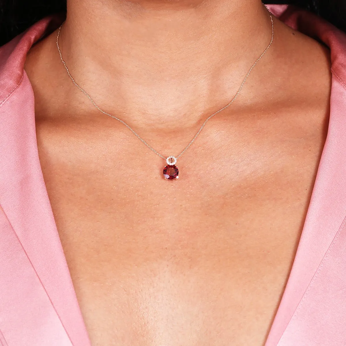 Stacked Diamond and Garnet Solitaire Pendant Necklace