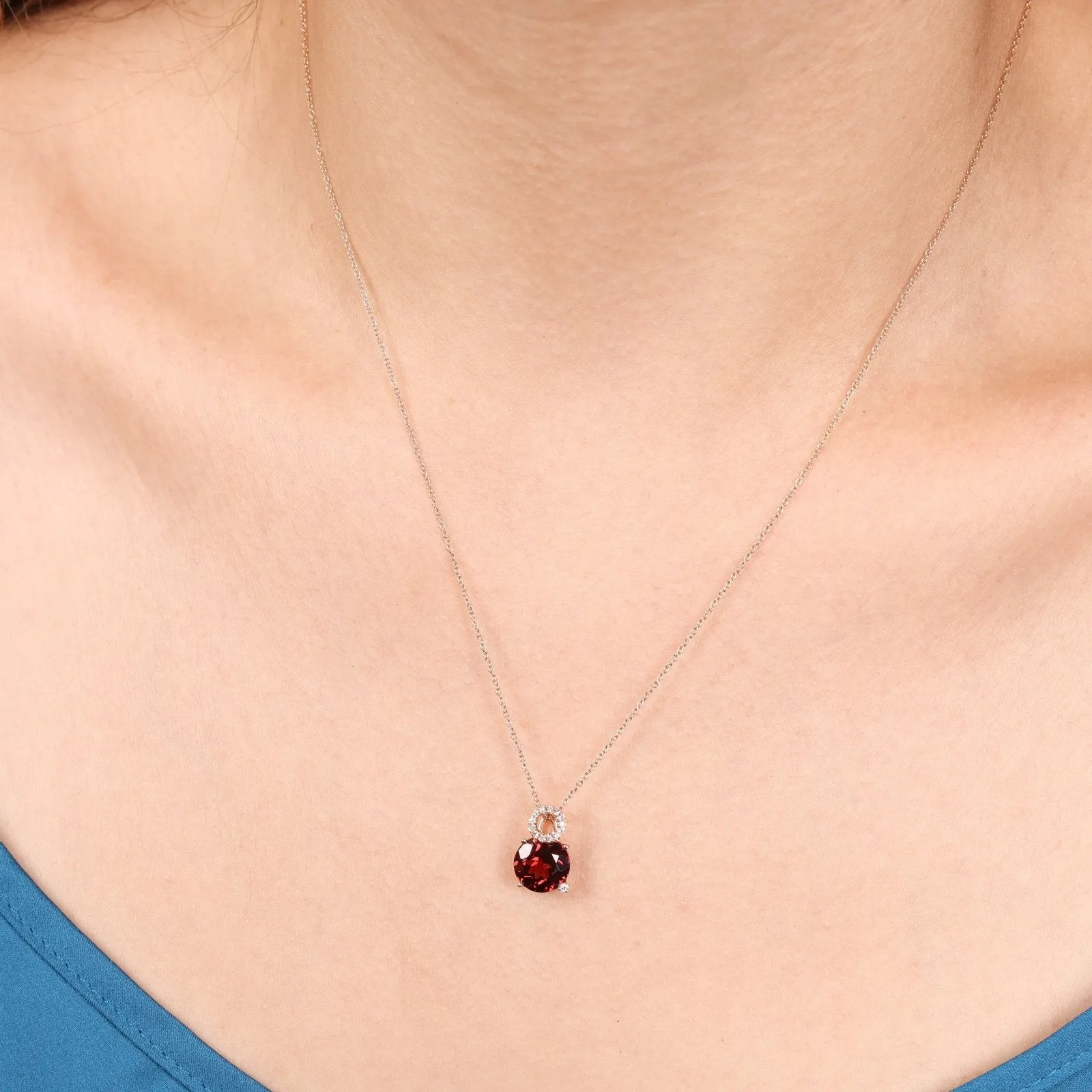 Stacked Diamond and Garnet Solitaire Pendant Necklace