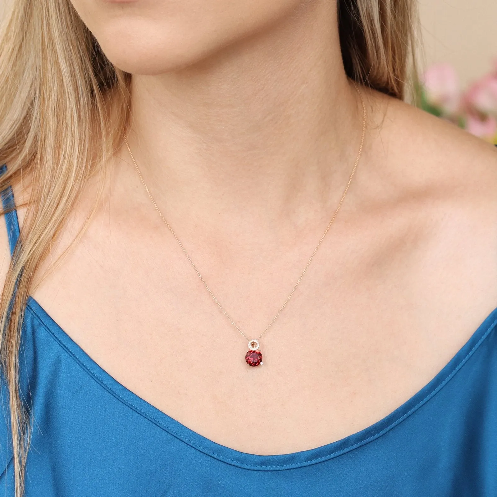 Stacked Diamond and Garnet Solitaire Pendant Necklace